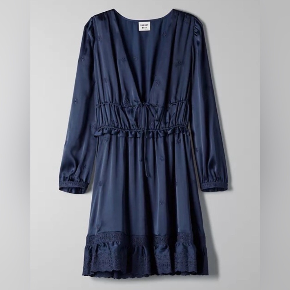 Sunday Best Navy Embroidered Silky Dress